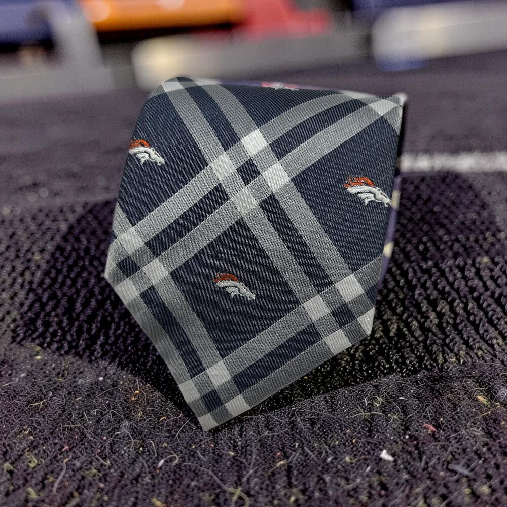 NFL Denver Broncos Men’s Tie Navy Gray Plaid Logo 57” x 3.5”